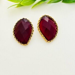 Vintage Ruby Red Gold-Trim Faceted Stone Stud Earrings Statement